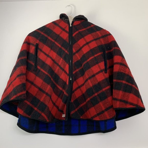 Vintage 60s MARDEL Reversible Wool Handmade Mid Century Poncho Cape Red Blue - Picture 2 of 8